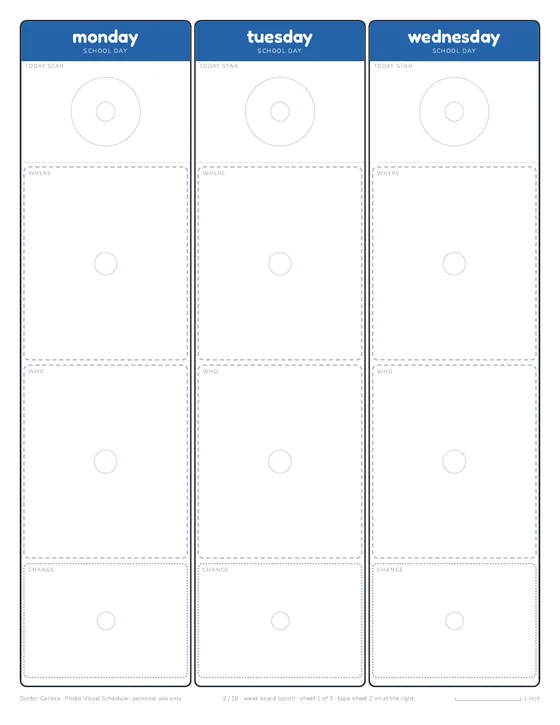 Photo Visual Schedule: the first week board sheet, Monday to Wednesday, with a today star spot and slots for photo cards