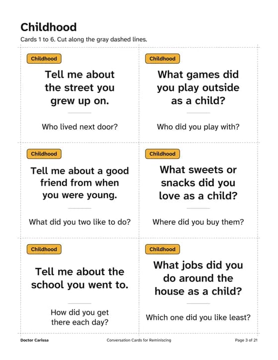 Conversation Cards for Reminiscing: six large-print childhood question cards