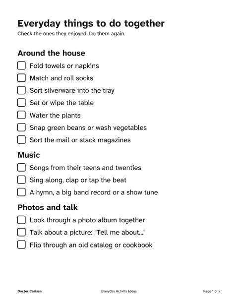 A page from the free printable: Large-print list of everyday activities