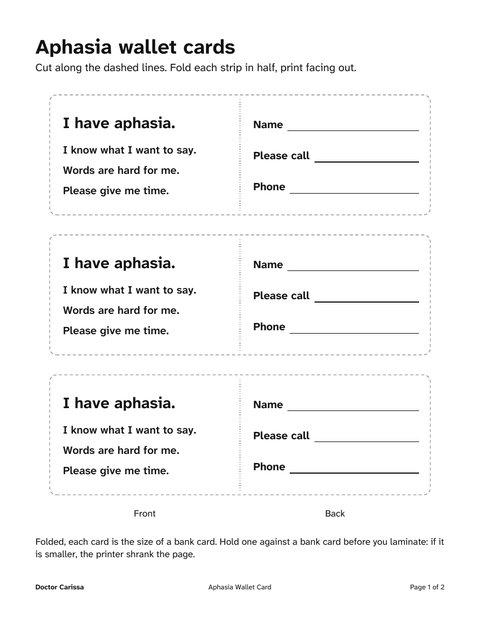 A page from the free printable: Aphasia wallet card