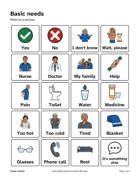 A page from the free printable: Basic needs board and bedside sign