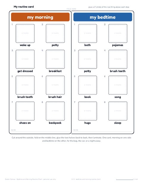 A page from the free printable: Bedtime and morning routine chart