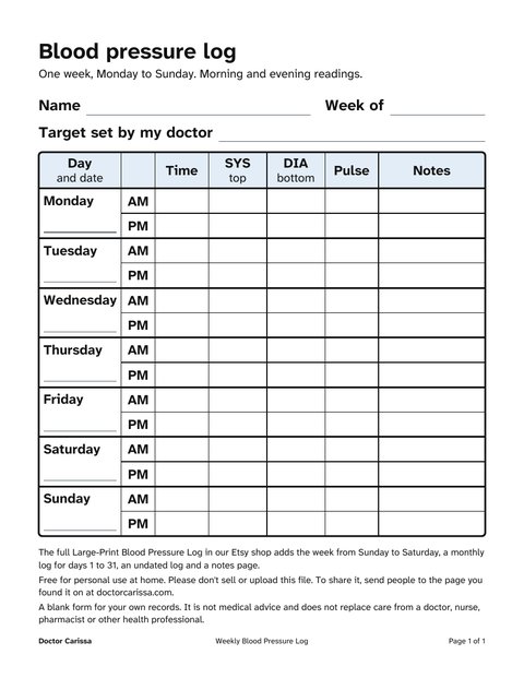 A page from the free printable: Large-print blood pressure log