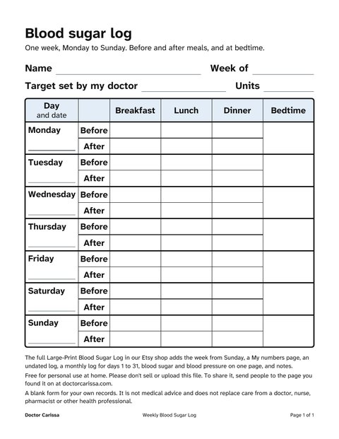 A page from the free printable: Large-print blood sugar log