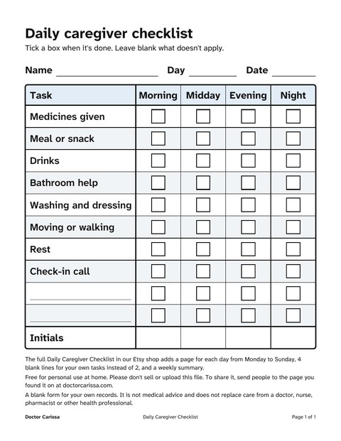 A page from the free printable: Large-print daily caregiver checklist