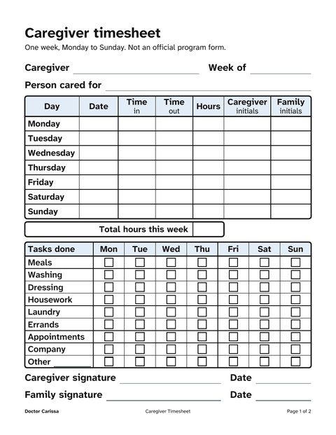 A page from the free printable: Large-print weekly caregiver timesheet