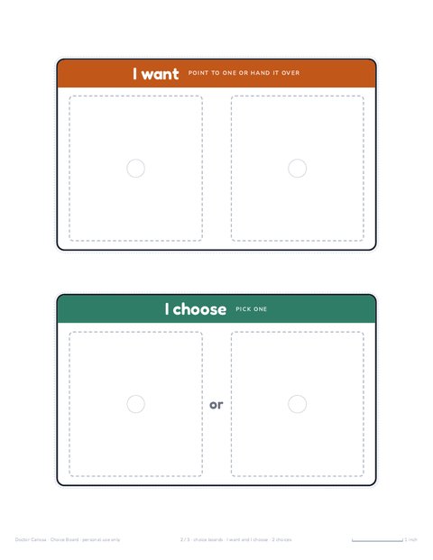 A page from the free printable: Two-choice board with 12 photo cards