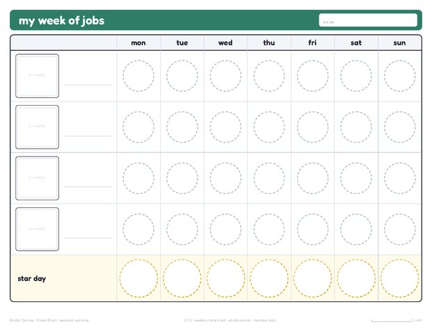 A page from the free printable: Weekly photo chore chart
