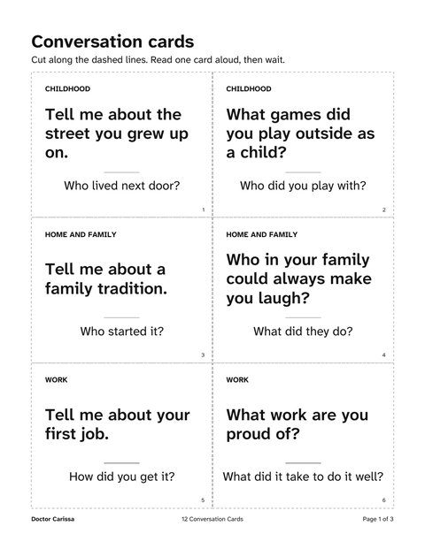 A page from the free printable: 12 large-print conversation cards