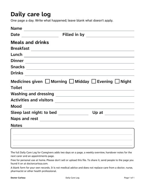 A page from the free printable: Large-print daily care log