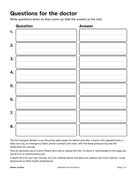 A page from the free printable: Large-print questions for the doctor page