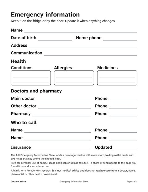 A page from the free printable: Large-print emergency information sheet