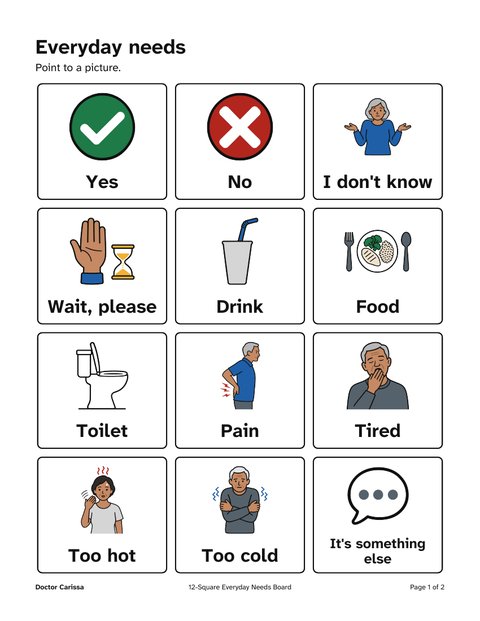 A page from the free printable: 12-square everyday needs board
