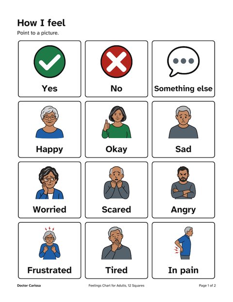 A page from the free printable: 12-square feelings chart for adults