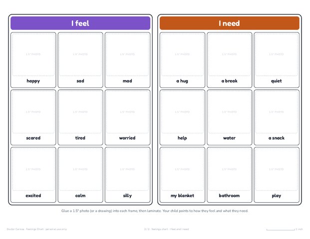 A page from the free printable: Feelings chart for kids, I feel and I need