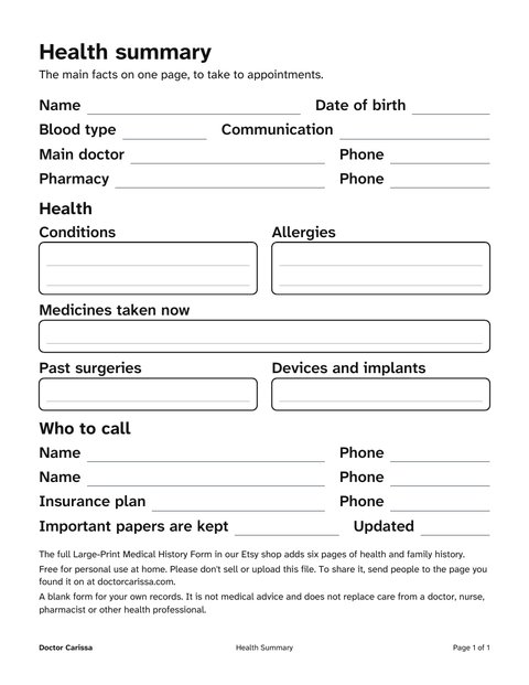 A page from the free printable: Large-print one-page medical history form (health summary)