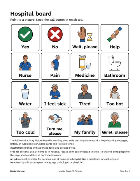 A page from the free printable: One-page hospital board, 16 pictures