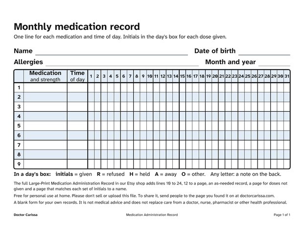 A page from the free printable: Large-print medication administration record