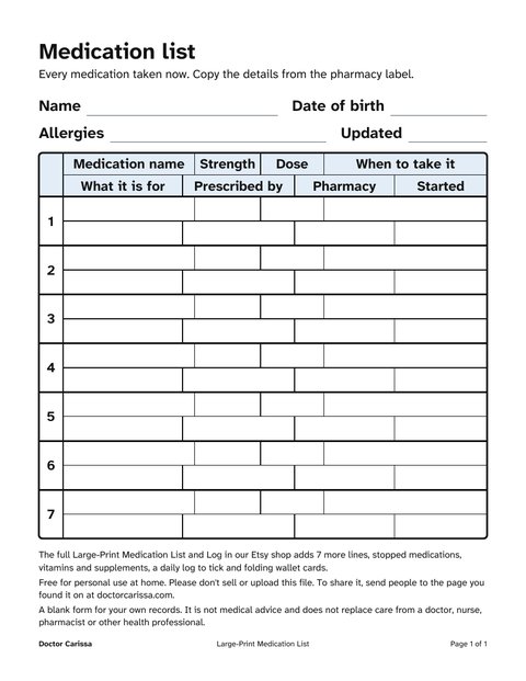 A page from the free printable: Large-print medication list