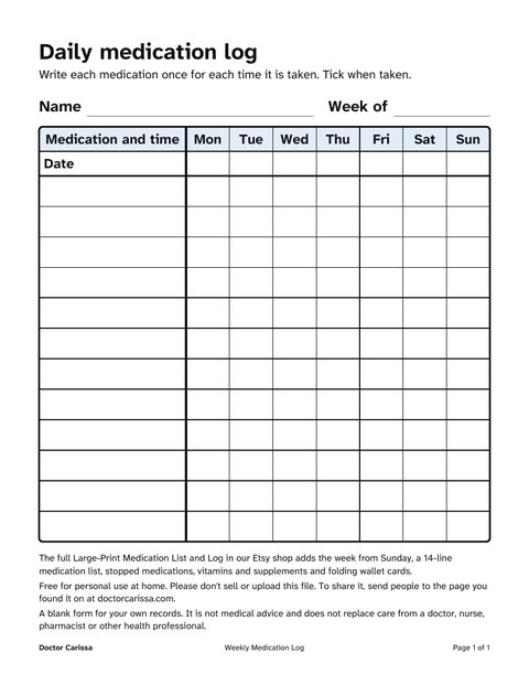 A page from the free printable: Large-print daily medication log