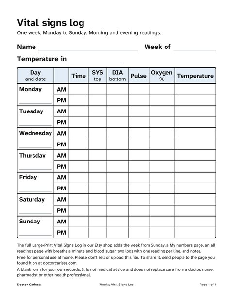 A page from the free printable: Large-print weekly vital signs log