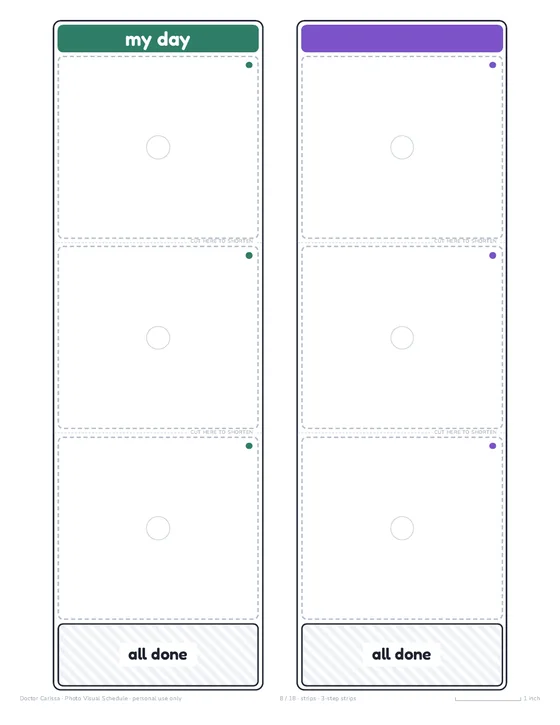 Photo Visual Schedule: two 3-step strips with blank photo frames and an all-done pocket